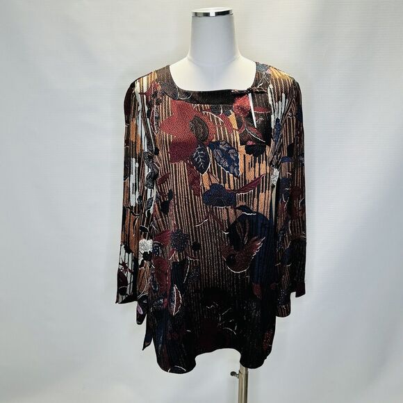 Citron Santa Monica Silk Tunic Blouse Asian Inspired Print Medium Orange Brown - Picture 2 of 9